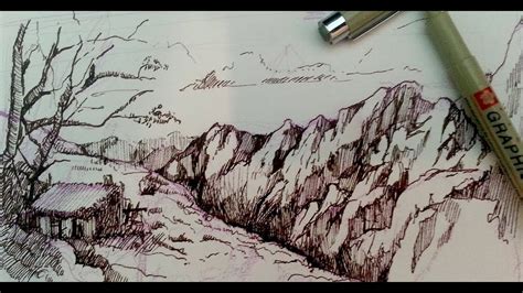 Pen And Ink Drawing Tutorials How To Draw A Mountain Landscape Youtube