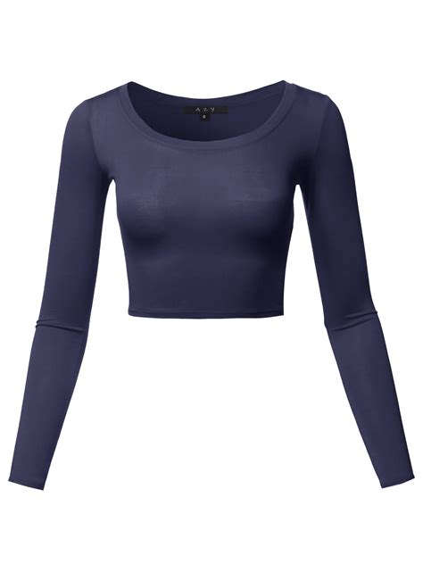 A2y Womens Basic Solid Stretchable Scoop Neck Long Sleeve Crop Top Navy L