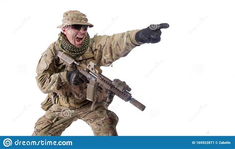 Army Military Soldier Screaming, Pointing Attack Direction Stock Image ...