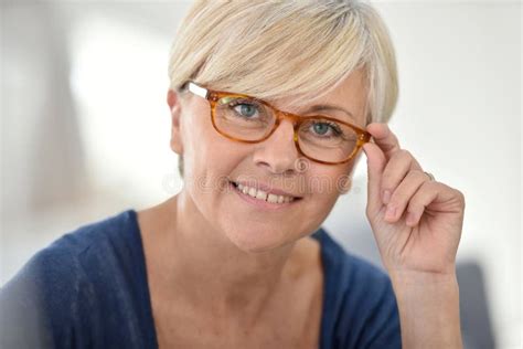Stylish Senior Woman Wearing Trendy Eyeglasses Stock Image Image Of Sofa Person 64584951