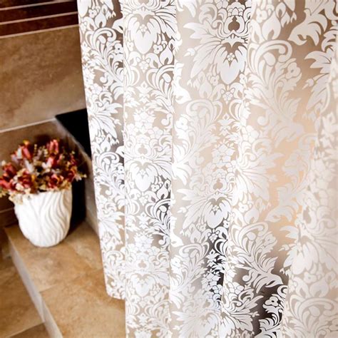 White Floral Damask All Around Shower Curtain Set 180 X 70 Inches Extra