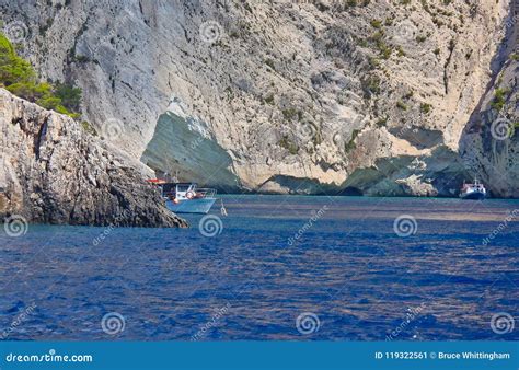 Boats Visiting Blue Cave Zakynthos Greek Island Greece Editorial