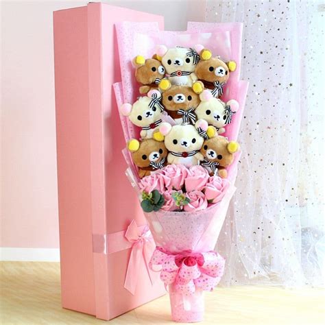 Teddy Bear Stuffed Animal Plush Toy Rilakkuma Bear Flower Bouquet T