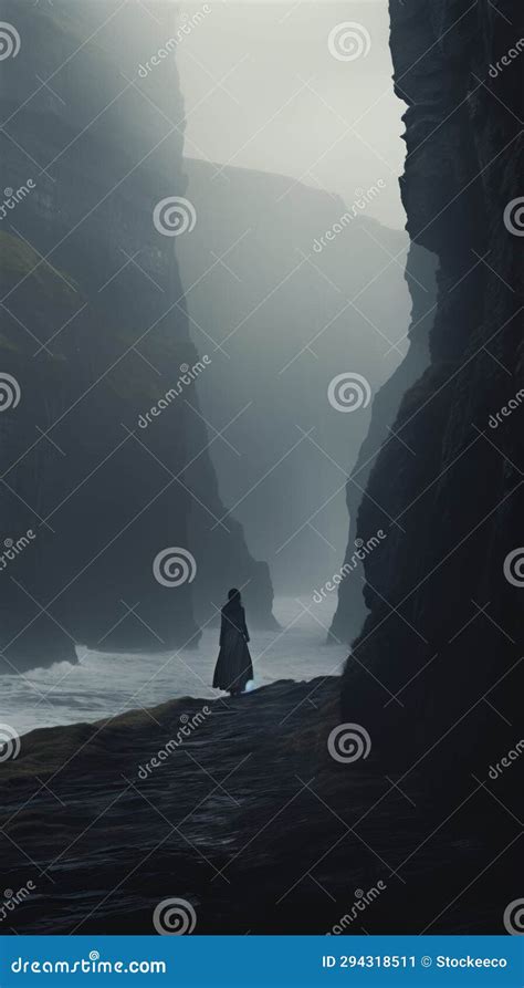 Ethereal Mist A Dark Coated Man Walking In A Foggy River Stock