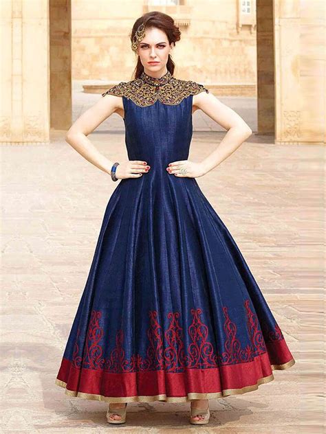 Here's the light color gown that looks so amazing on every girls. Spectacular blue and red fusion silk gown anarkali ...
