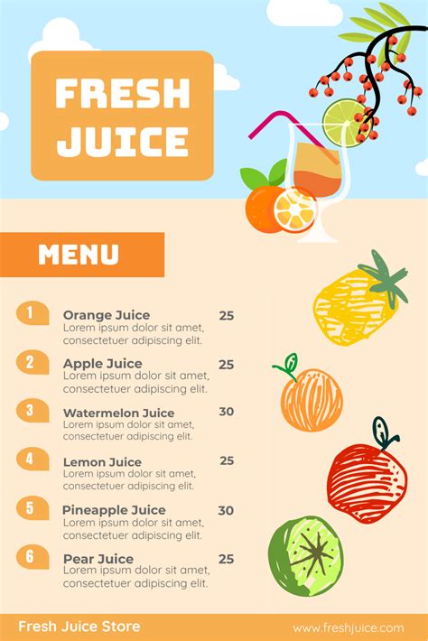 Colourful Fresh Juice Graphic Menu Juice Menu Menu Card Template Lemonade Menu