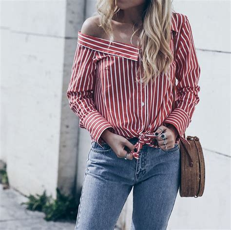 Wholesale Hot Sale Striped One Shoulder Women Blouse Xmg071227rd Spring Blouses