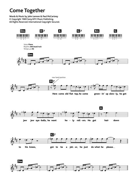 Come Together Sheet Music The Beatles Piano Chordslyrics