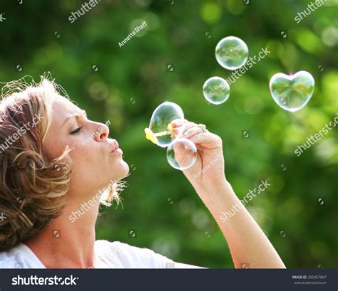 Beautiful Woman Blowing Bubbles One Shape Stock Photo 295457897