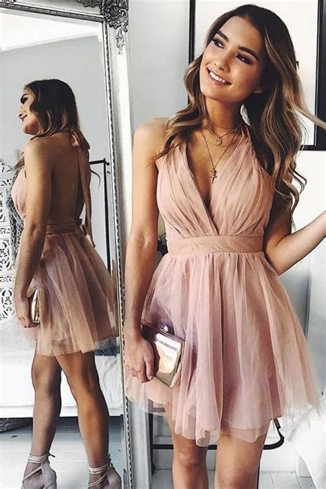 Blush V Neck Short Homecoming Dresses Backless Party Gowns Tulle