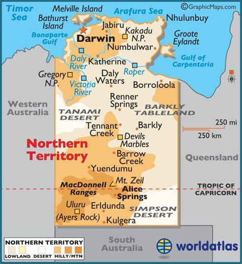 A Map Of Northern Territory In Australia With The Names And Major