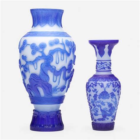 Chinese White Peking Glass Vases With Blue Overlay Set Of Two Sold At
