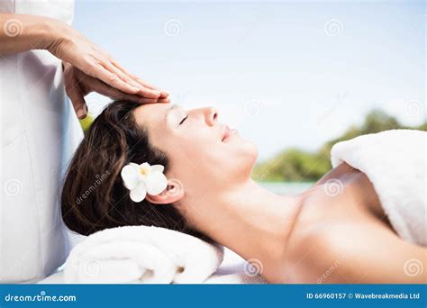 Woman Receiving A Head Massage From Masseur Stock Image Image Of Female Outdoors 66960157
