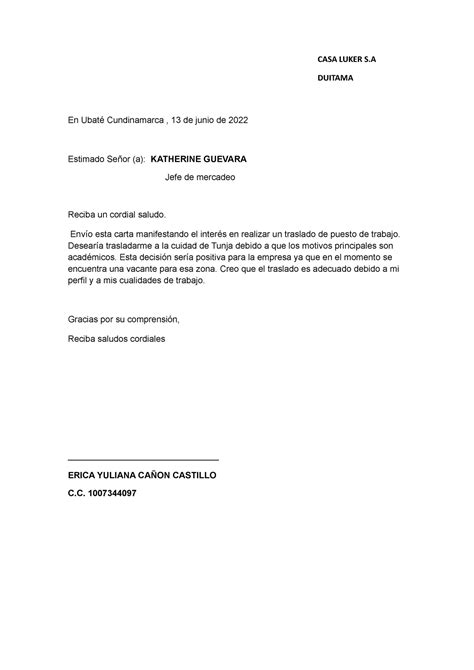 Carta De Peticion De Traslado Laboral En Ubaté Cundinamarca 13 De