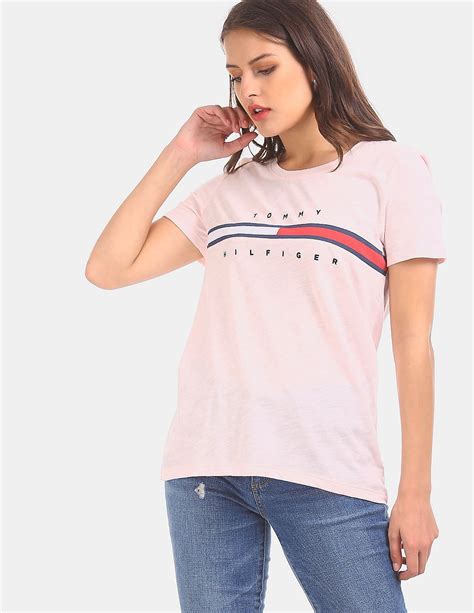 Buy Tommy Hilfiger Women Light Pink Crew Neck Embroidered Logo T Shirt