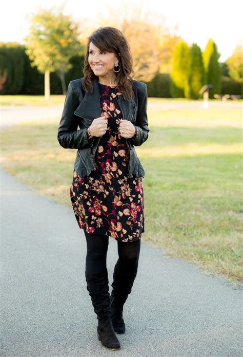 Fall Floral Dress With Black Jackettights And Boots Winterboots