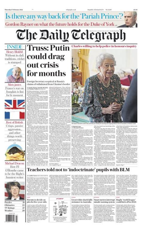 Daily Telegraph Front Page 17th Of February 2022 Tomorrow S Papers Today