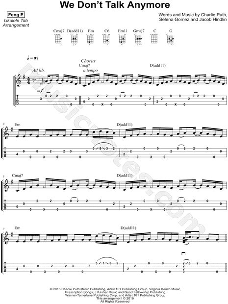 Feng E We Dont Talk Anymore Ukulele Tab In E Minor Download