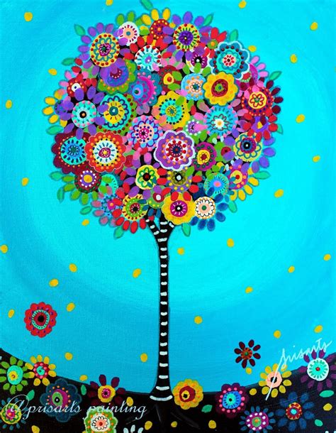 Whimsical Tree Of Life Folk Art Pristine Flowers Prisarts Etsy