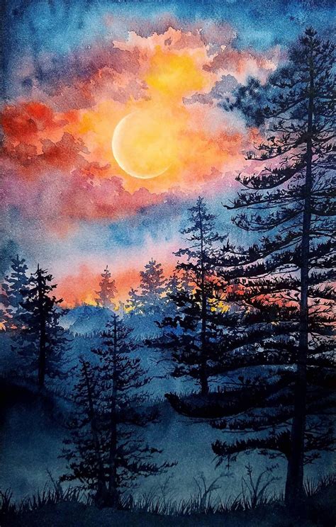 Moonlight Watercolor Landscape Art Painting Landscape Paintings