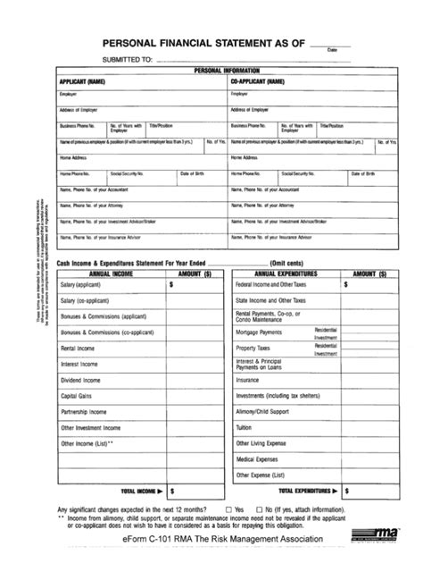 Personal Financial Statement Rma Form C 101 Fill Online Pertaining To