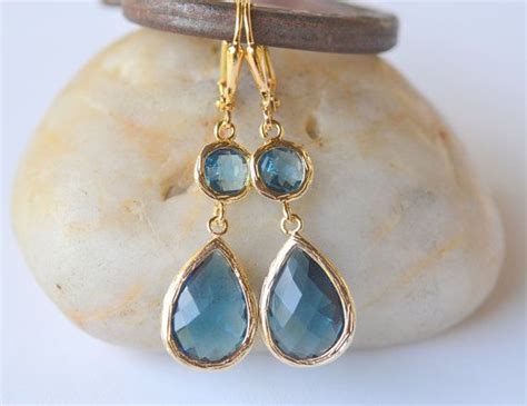 Sapphire Blue Glass Teardrop Dangle Earrings In Gold Fashion Gold
