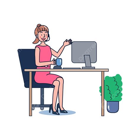 Desk Work Office Vector Art Png Business Woman Cartoon Or A Clerk