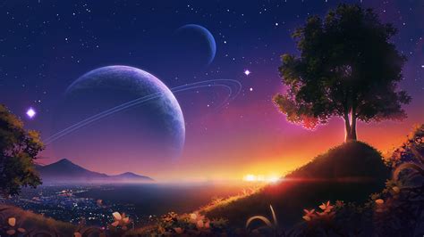 Download 3840x2160 Anime Night Scene Planets Sky Stars Scenic