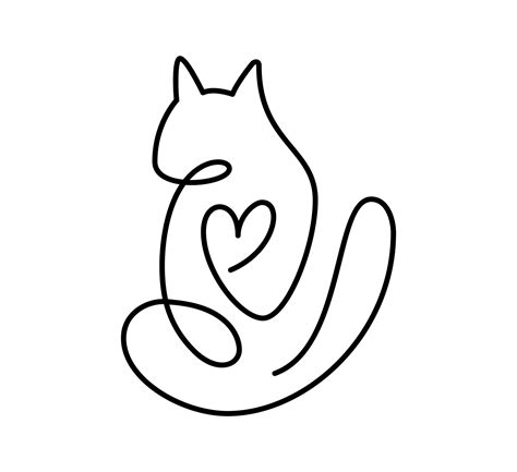 Cute One Line Vector Cat With Heart Minimalist Cat In Abstract Hand
