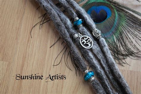 Grey Wool Dreads Clip In Dreads Merino Natural Grey Turquoise Cats Eye Glass Murano Beads