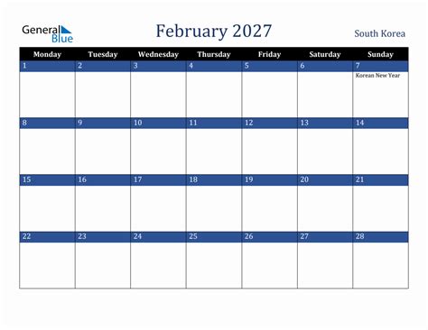 February 2027 South Korea Holiday Calendar