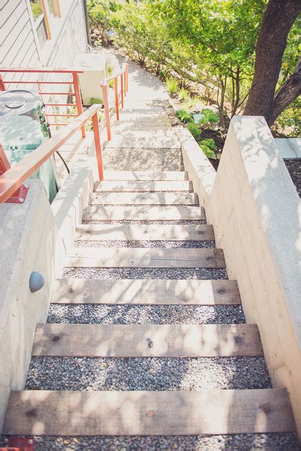 Timber Gravel Stairs With Board Formed Concrete Cheek Walls