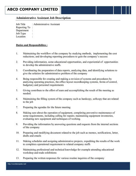 Free Administrative Assistant Job Description Template Office Assistant