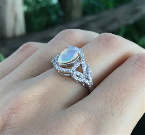 Pear Genuine Opal Deco Engagement Ring Teardrop Opal Statement Ring
