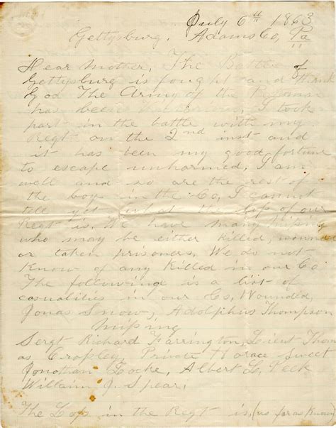 Letters From Gettysburg A Union Soldiers Letter Shapell Manuscript