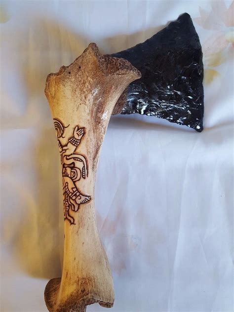 Mayan Axe Obsidian Blade And Hand Made Bone Carving Handle Hacha Maya