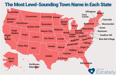 A Map Highlighting The Lewdest Sounding Town Name In Each State In The