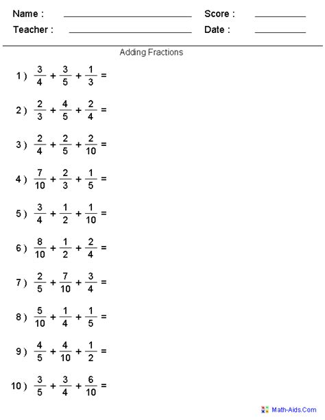 Worksheets On Adding Fractions