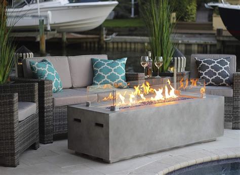 Large Grey Rectangular Modern Concrete Fire Pit Table With Glass Sides