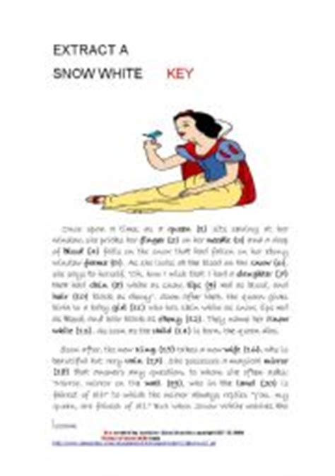 Snow white told them her sad story, and tears sprang to the dwarfs' eyes. Snow White - ESL worksheet by linam