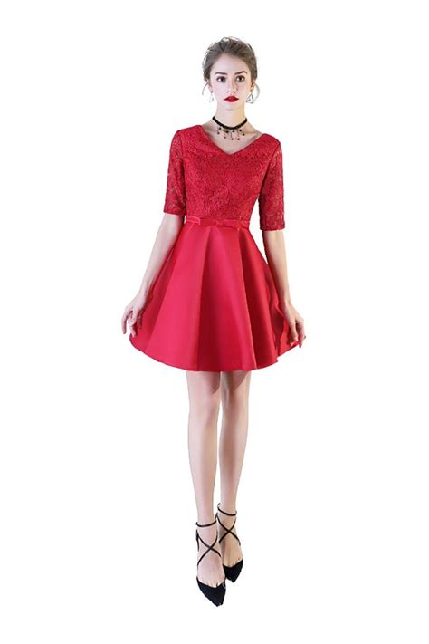 Red Lace Short Party Dress Vneck With Short Sleeves 594 Bls97004
