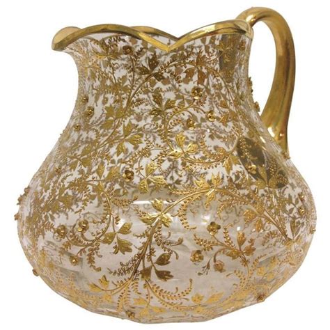 Moser Heavy Gold Gilt And Applied Glass Roses Pitcher Moser Glass Bohemian Modern Pitchers
