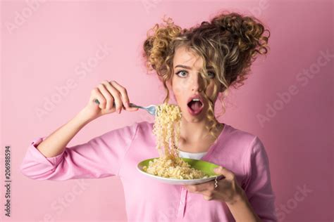 Fashion Girl Eating Noodles Female Hold Plate Of Spaghetti Morning