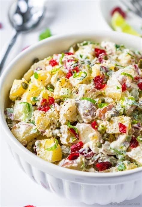 In this healthy and creamy potato salad recipe, yogurt replaces half of the mayo and we keep the potato skins on for more fiber and potassium. Creamy Potato Salad without Mayo Recipe | ChefDeHome.com