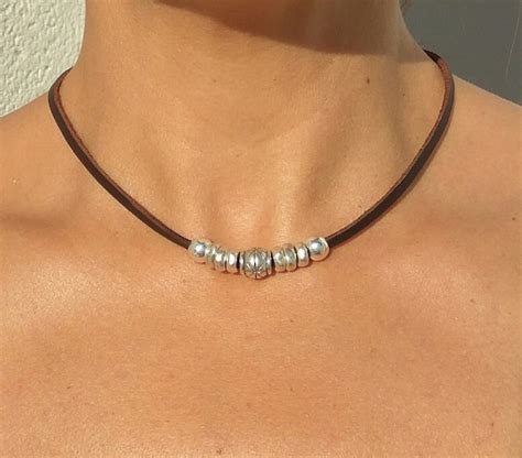 Leather Choker Necklace For Women Silver Beaded Choker Boho Etsy