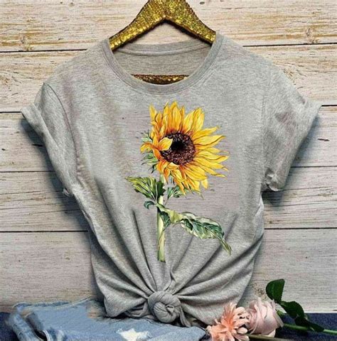 Sunflower Print Crew Neck Short Sleeve Casual T Shirts And Tops Noracora
