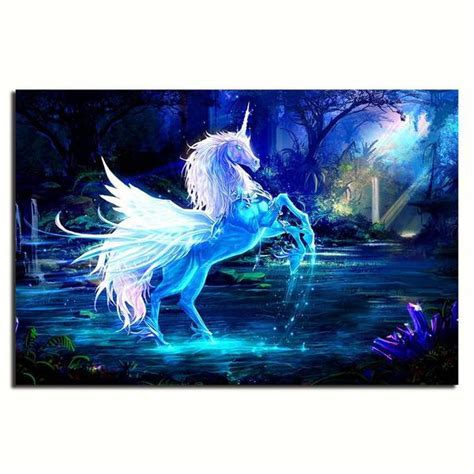 Blue Mystical Unicorn Canvas Wall Art Animal Art Prints