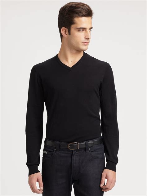 lyst-armani-silk-cotton-v-neck-shirt-in-black-for-men