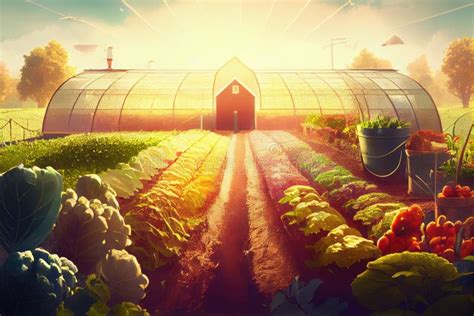 Organic Farm With Rows Of Vegetables And Herbs Growing In The Sun