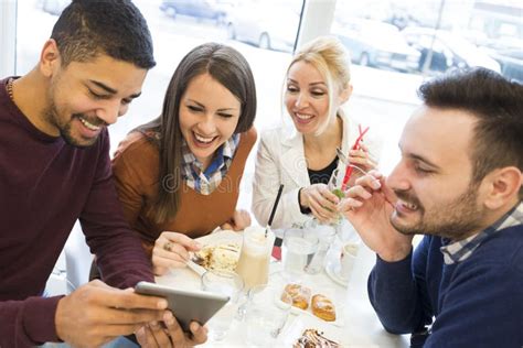 Happy Young People Having Fun In A Cafeeating Cake Stock Image Image